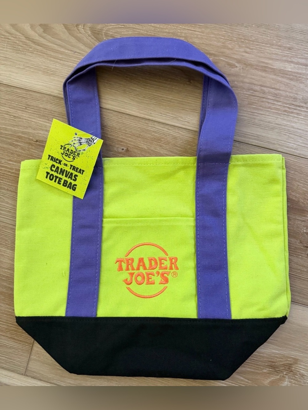 Trader Joe's Neon Yellow and Purple Canvas Mini Tote Bag Halloween